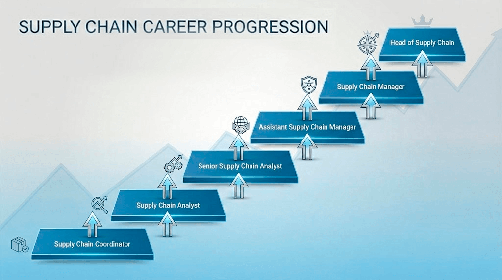 Supply chain career progression ladder in Singapore showing six levels from Coordinator to Head of Supply Chain