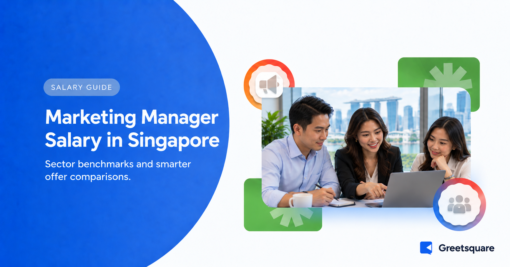 Marketing manager discussing a campaign with colleagues in a Singapore office.