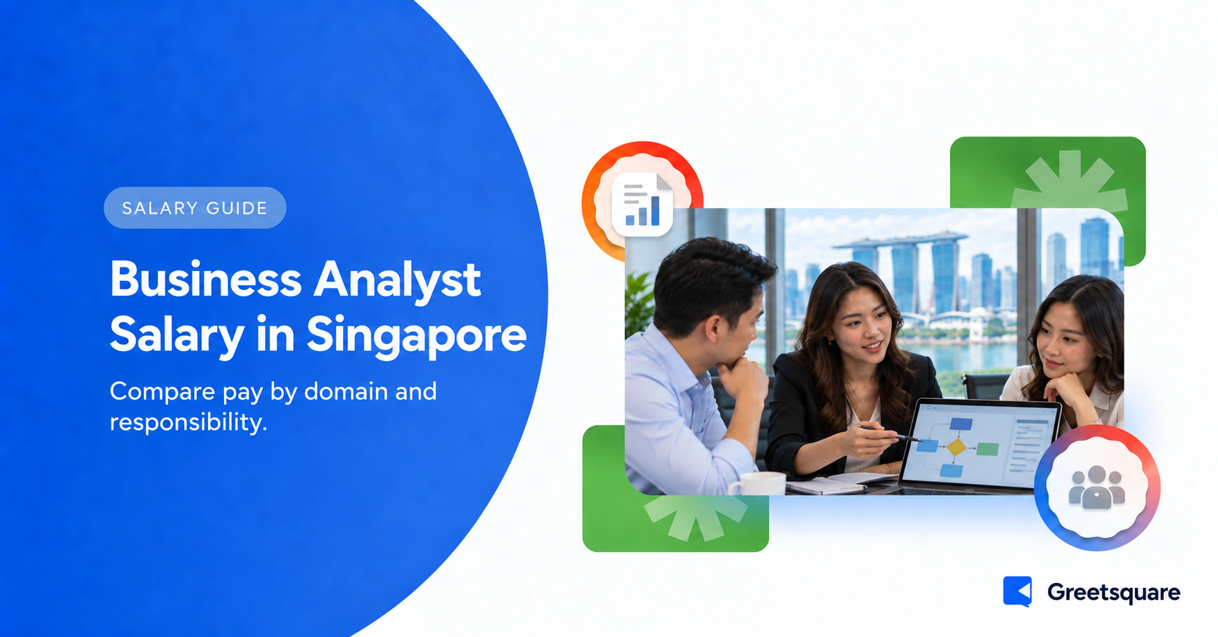 Business analyst explaining a process diagram to colleagues in a Singapore office.