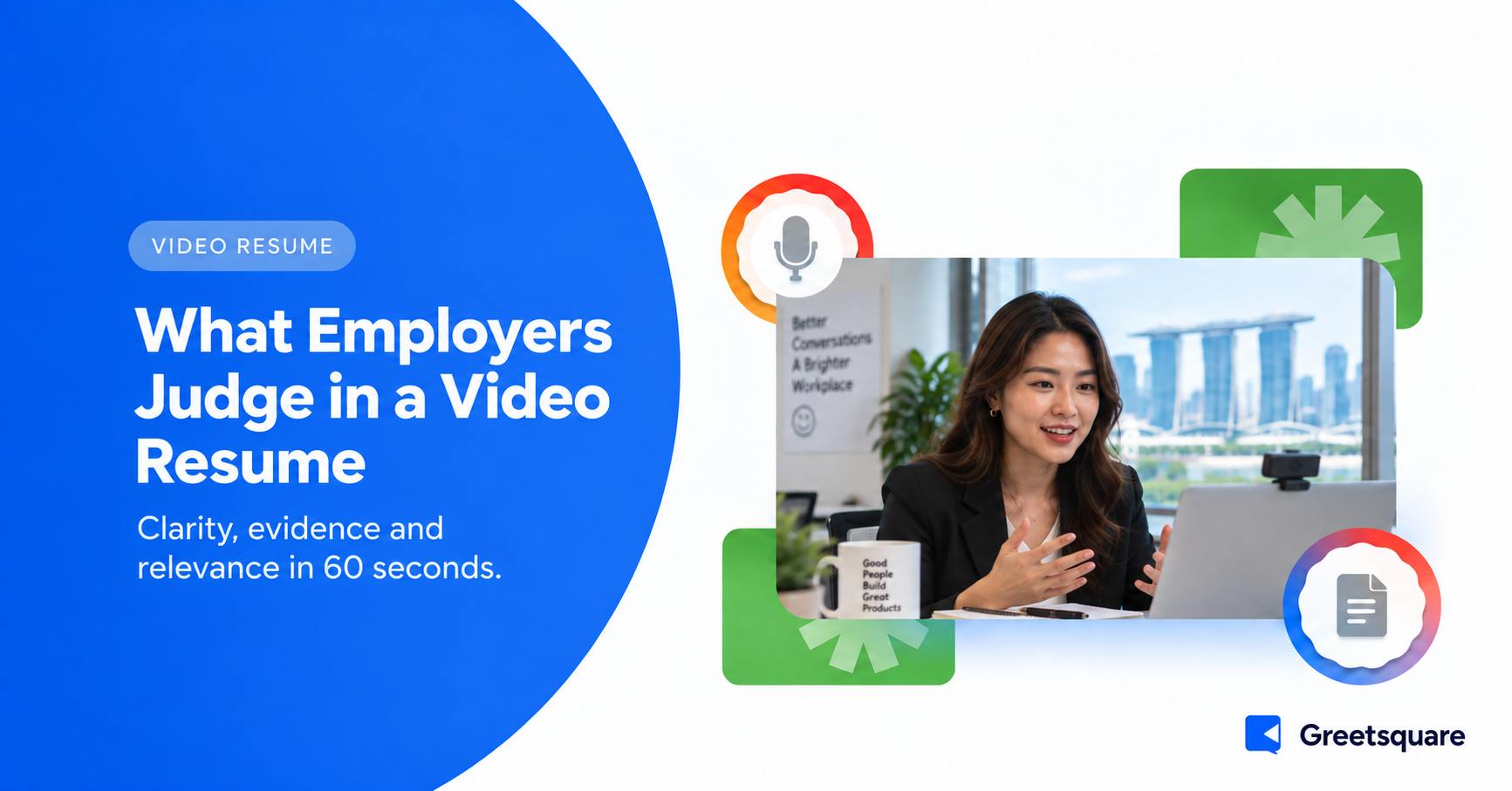 Professional recording a short video resume at a laptop.