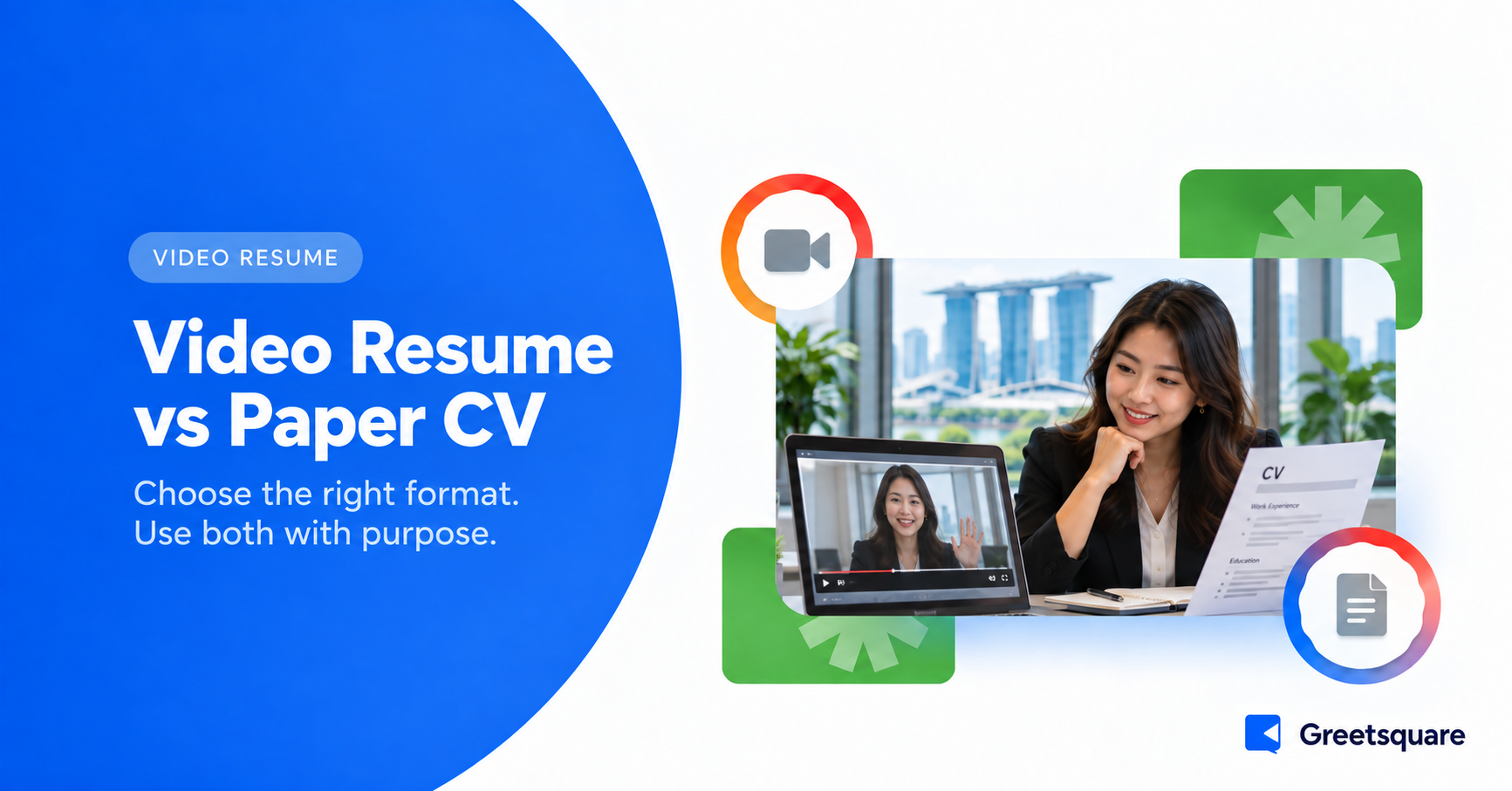 Professional comparing a printed CV with a video resume on a laptop.