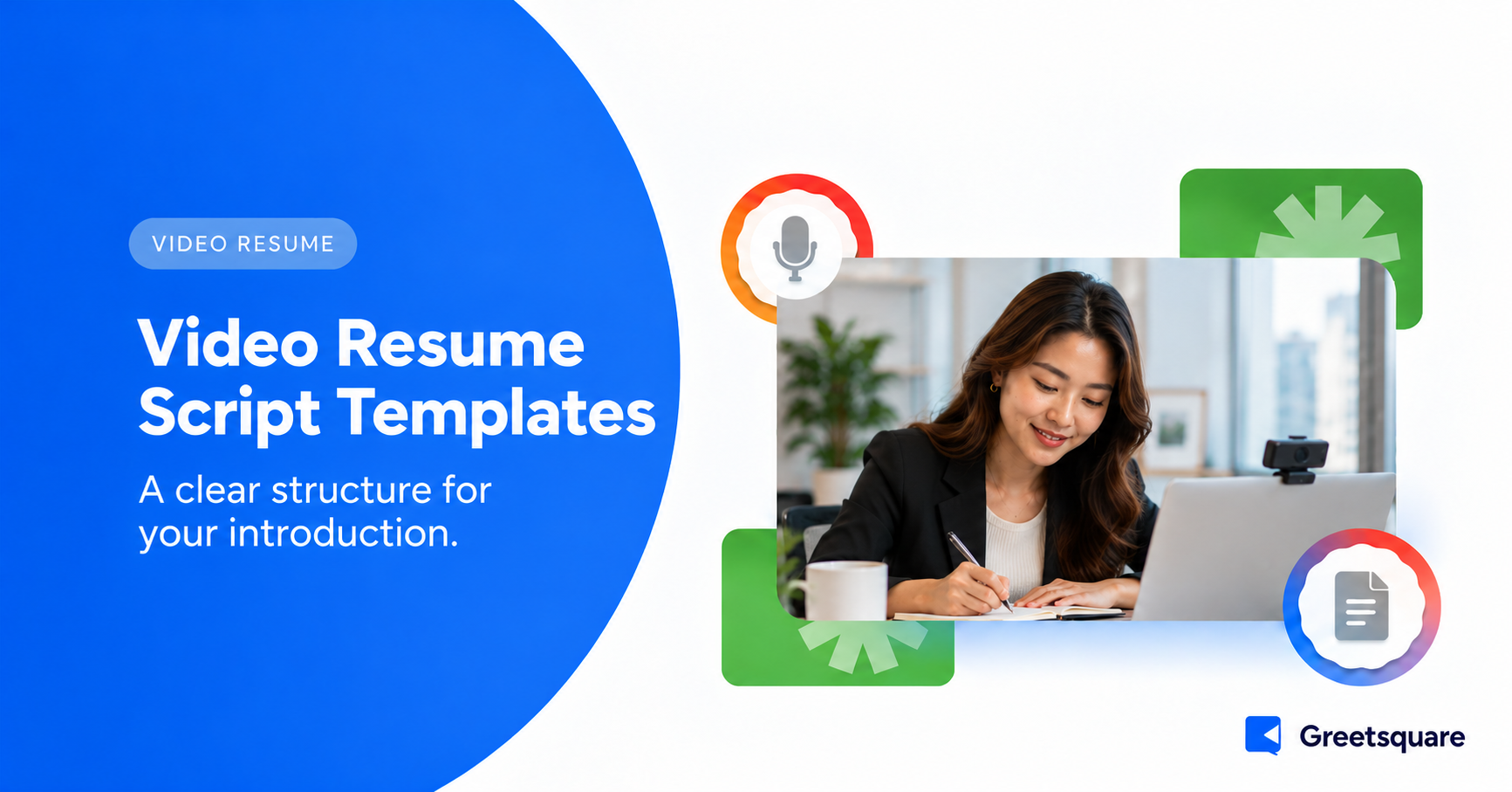 Professional preparing a video resume script beside a laptop camera.
