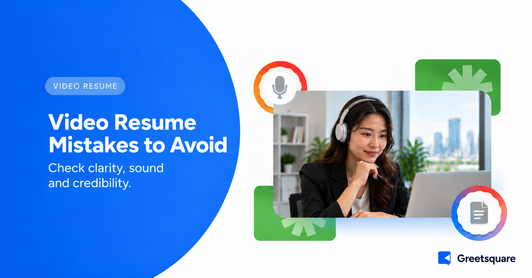 Professional reviewing a video resume recording with headphones.