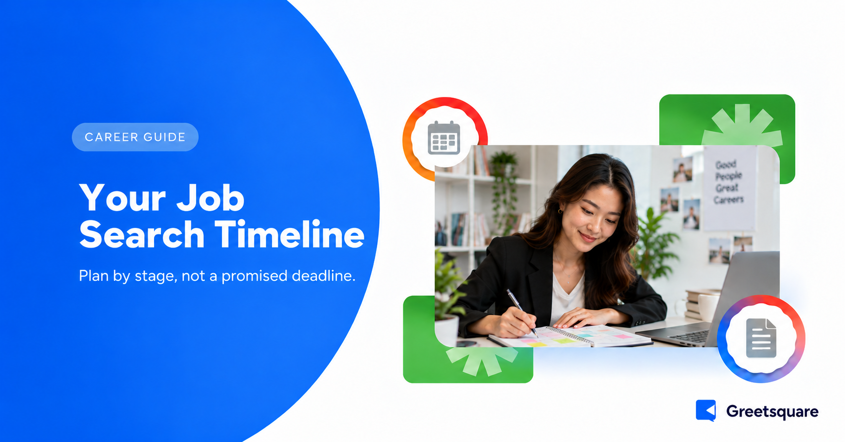 Professional planning job applications and interview stages beside a laptop.