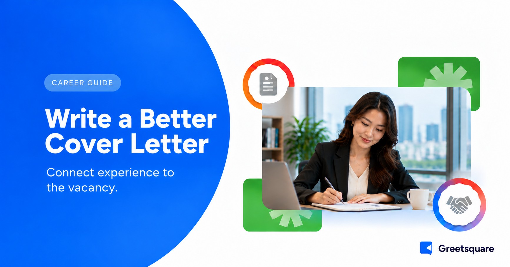 Professional preparing a cover letter at a desk.